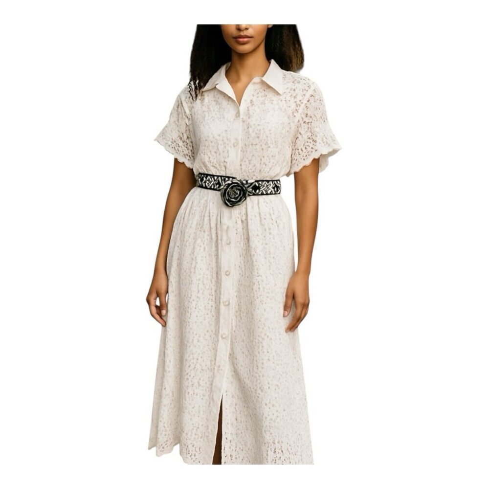 DX Collection Eyelet V-Neck Pullover Dress Size Large Made In Italy White Latte